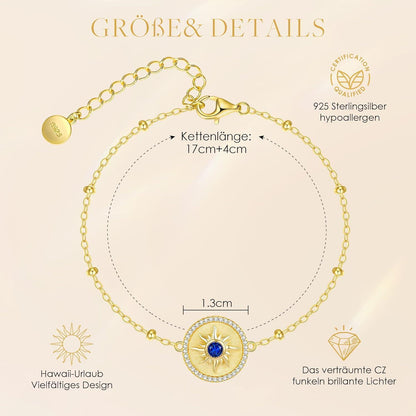 Sterling Silber Armband Damen mit Sonne Anhänger, Geburtsstein-Option