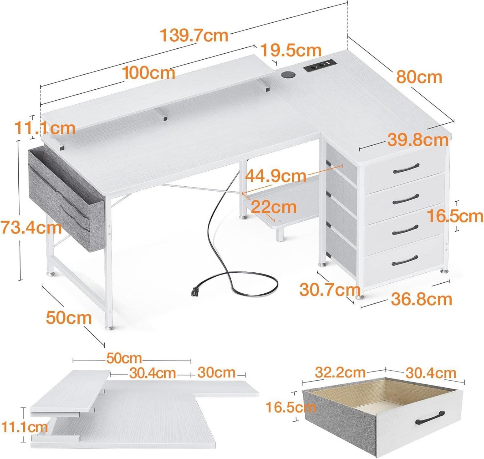 L-förmiger Schreibtisch mit USB-Ladeanschluss und Monitorablage
