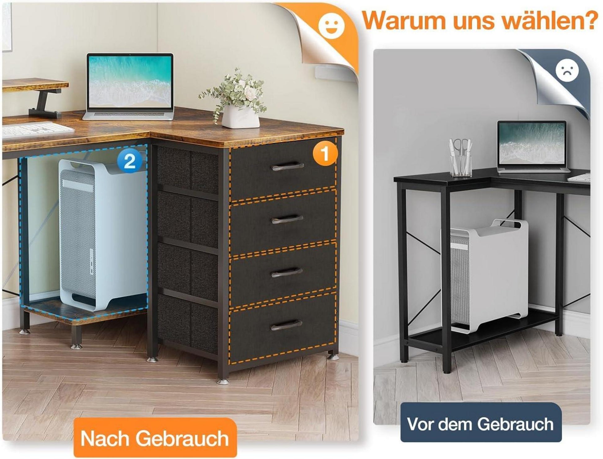 L-förmiger Schreibtisch 140x80x84.7cm Braun mit 4 Schubladen & Monitorablage
