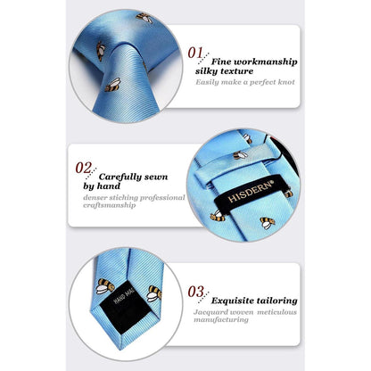 Herren Krawatten Set mit Einstecktuch, Biene Muster, Blau