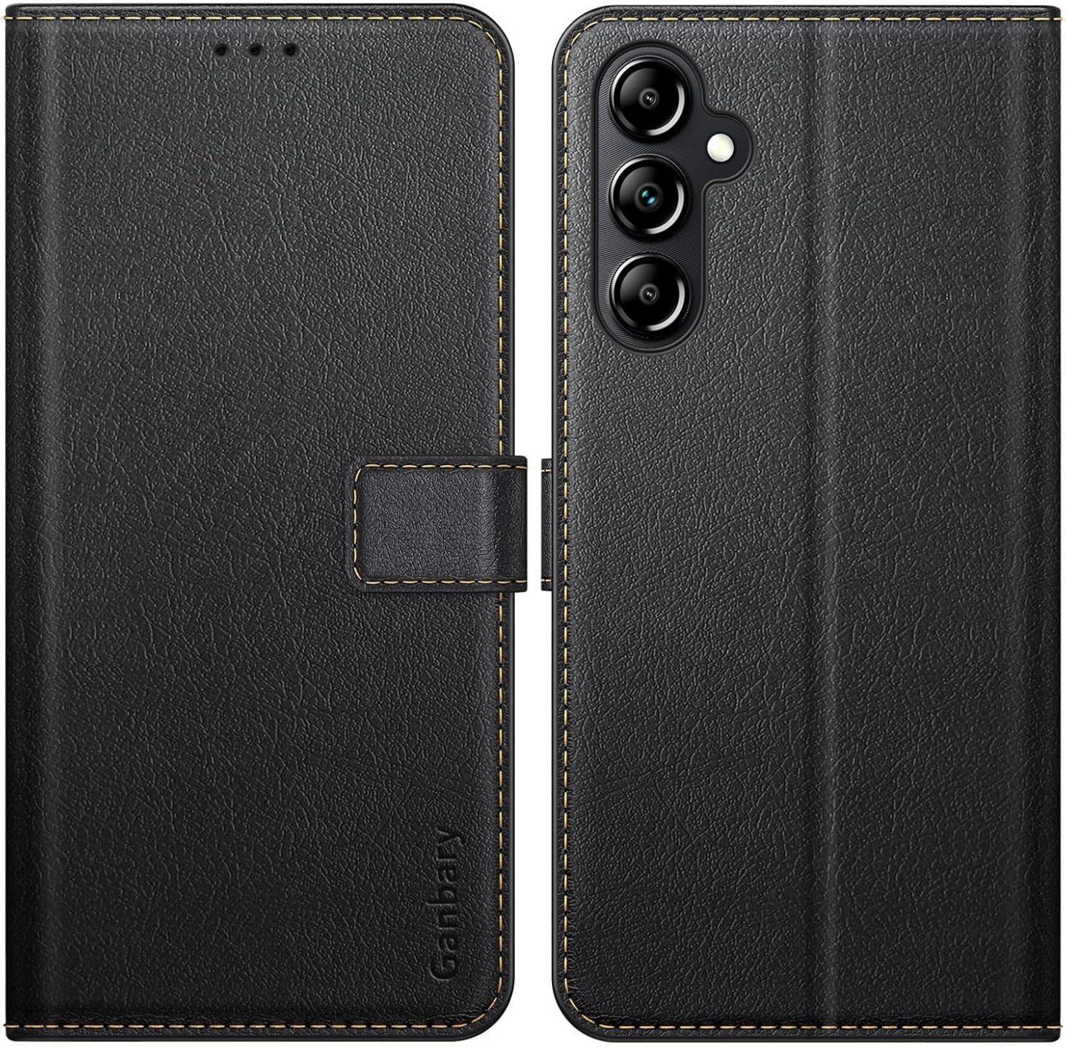 Samsung Galaxy A14 4G/5G Handyhülle Schwarz Premium Leder Klapphülle - Kartenschlitze Magnetverschluss Standfunktion