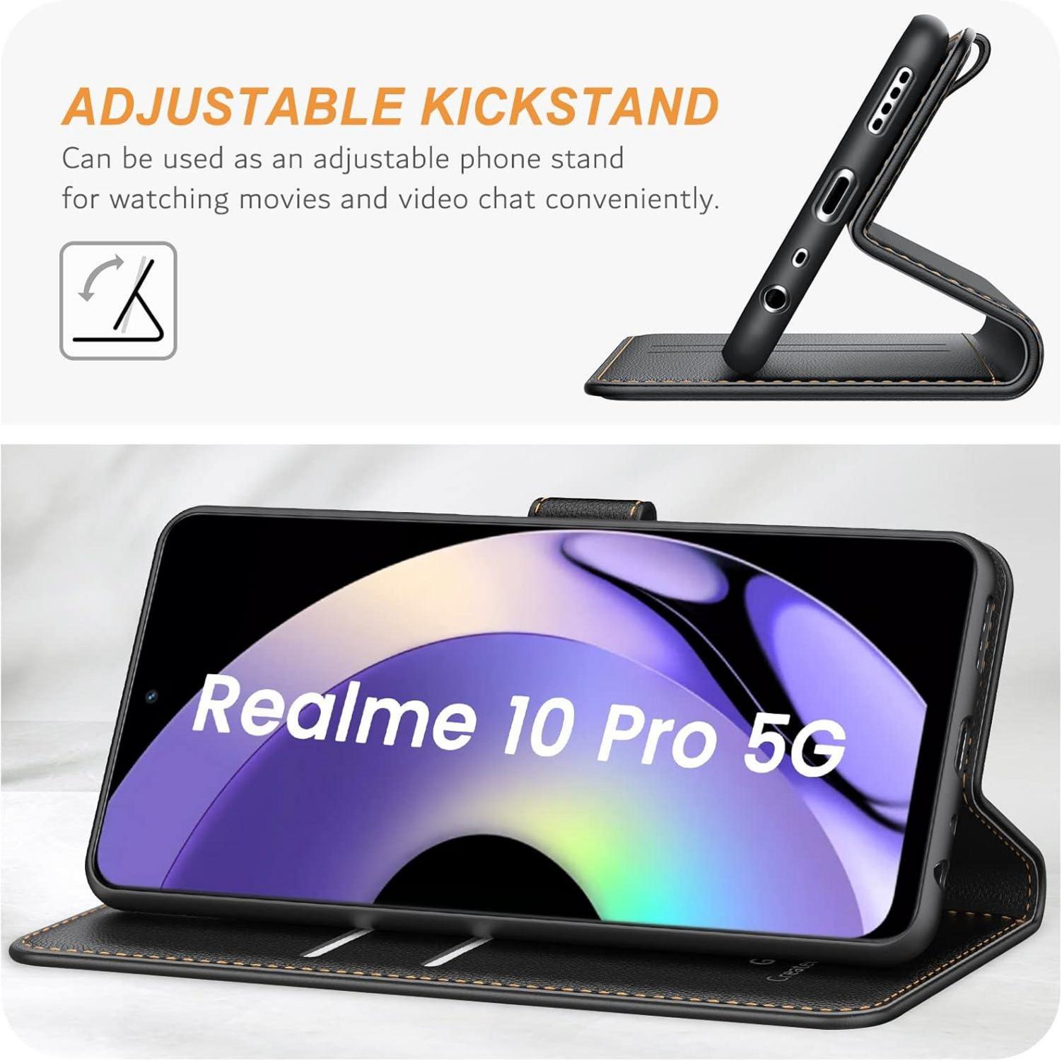 Ganbary Handyhülle für Realme 10 Pro 5G - Premium Leder Klapphülle Schwarz