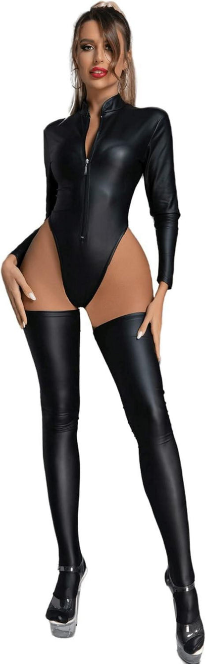 Damen Wetlook Catsuit Reißverschluss Latex Bodysuit F-schwarz
