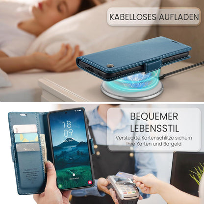XYGLOW Samsung Galaxy S22 5G Handyhülle Blau Leder RFID 3 Kartenfächer 6,1 Zoll