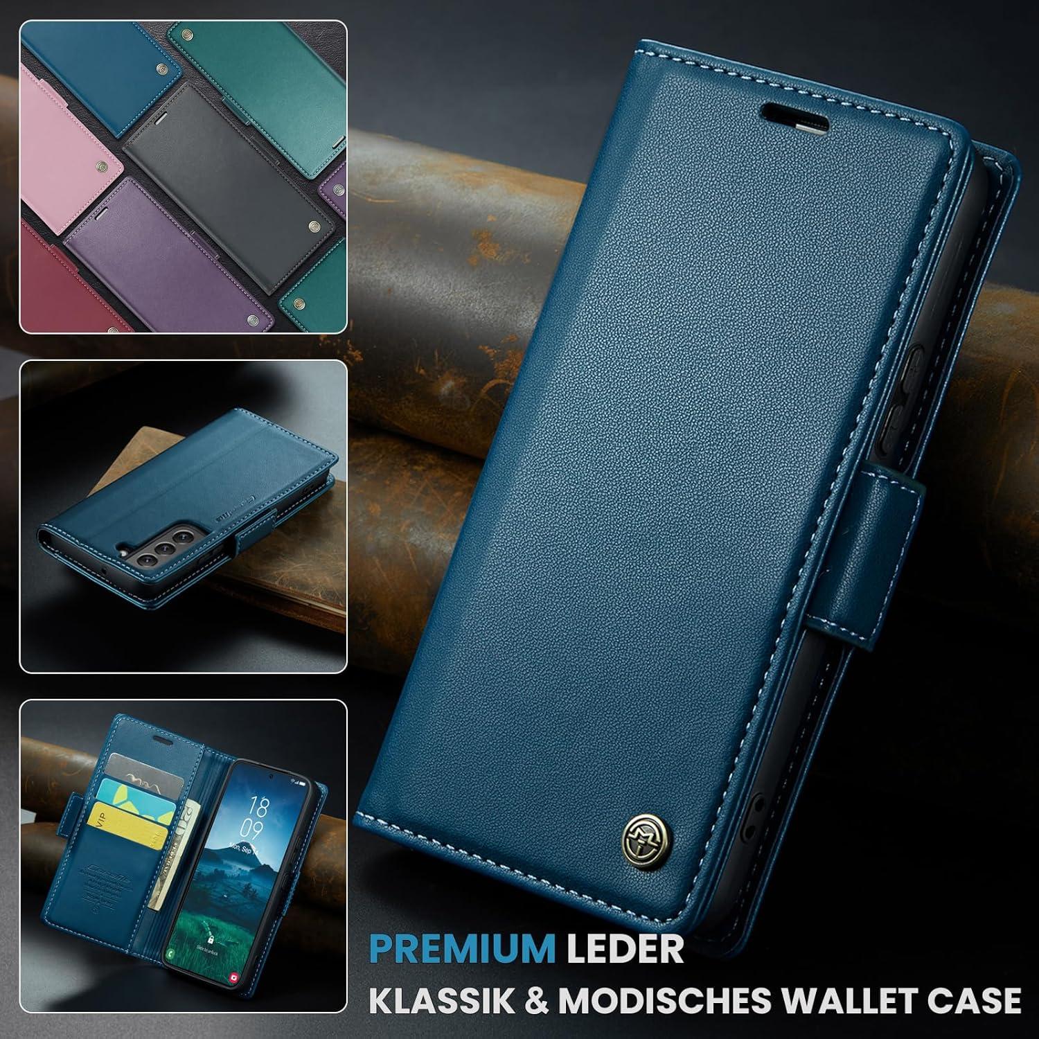 Handyhülle Samsung Galaxy S22 5G Premium Leder Blau RFID Standfunktion
