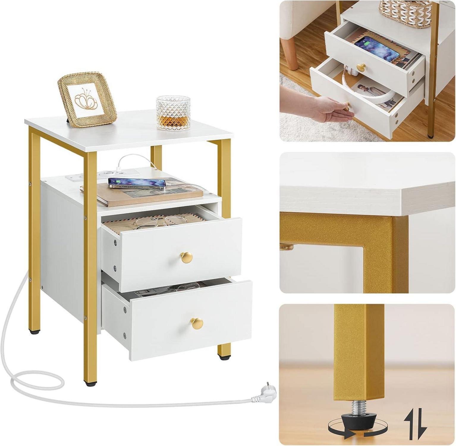 HOOBRO Nachttisch mit Ladestation und Schubladen, 40 x 40 x 61 cm, Weiß/Gold