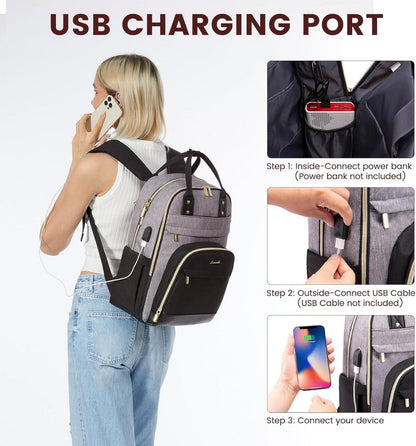 17 Zoll Laptop Rucksack Damen Wasserdicht USB Ladeanschluss Schwarz