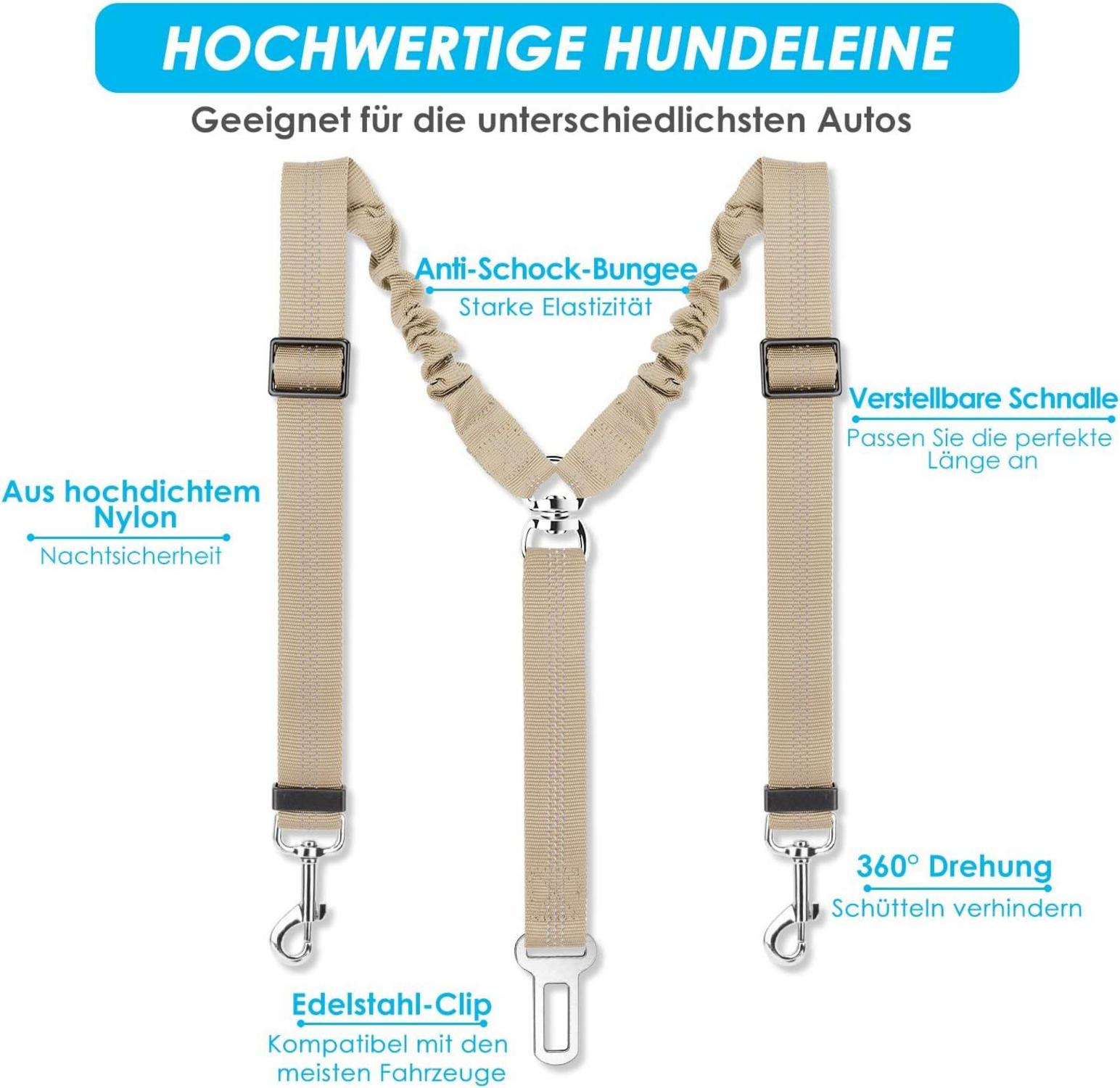 SlowTon Hundegurt Set Auto Sicherheitsgurt 2in1 elastisch Beige