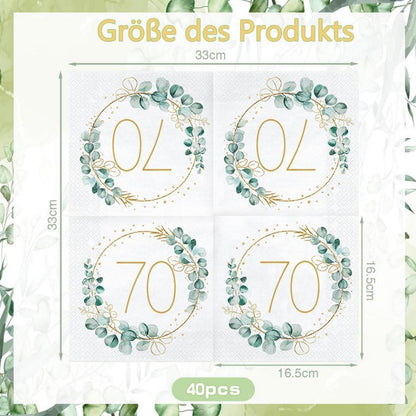 Servietten 70. Geburtstag Deko Eukalyptus Grün Gold 40 Stück