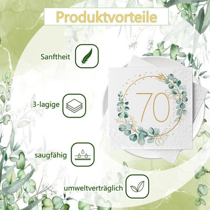 Servietten 70. Geburtstag Deko Eukalyptus Grün Gold 40 Stück