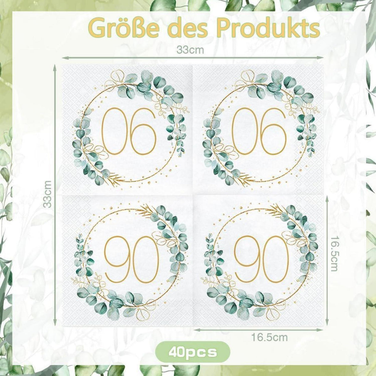 Servietten 90. Geburtstag - 40 Stück Eukalyptus Grün Gold
