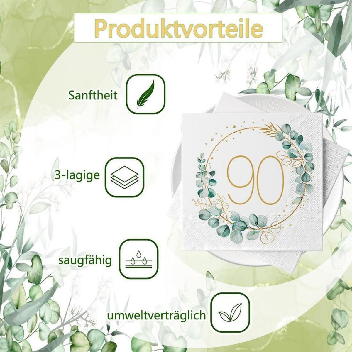 Servietten 90. Geburtstag - 40 Stück Eukalyptus Grün Gold
