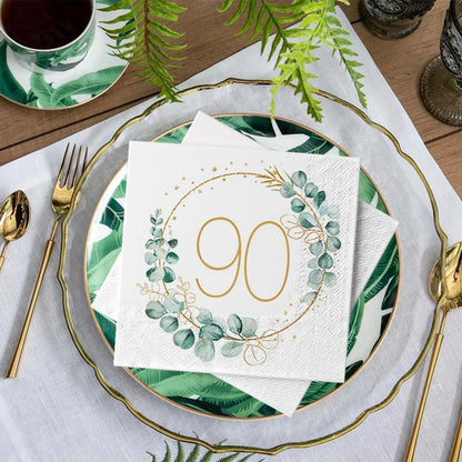 Servietten 90. Geburtstag - 40 Stück Eukalyptus Grün Gold