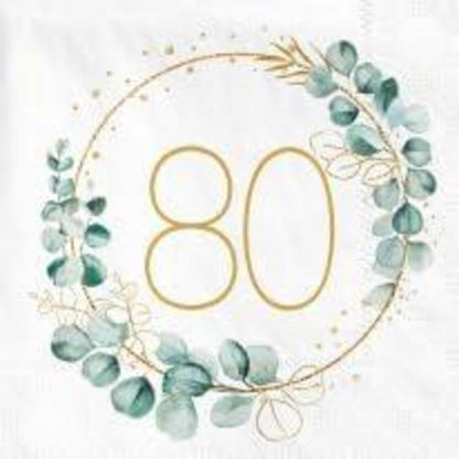 Servietten 80. Geburtstag Eukalyptus Gold Grün 40er Packung