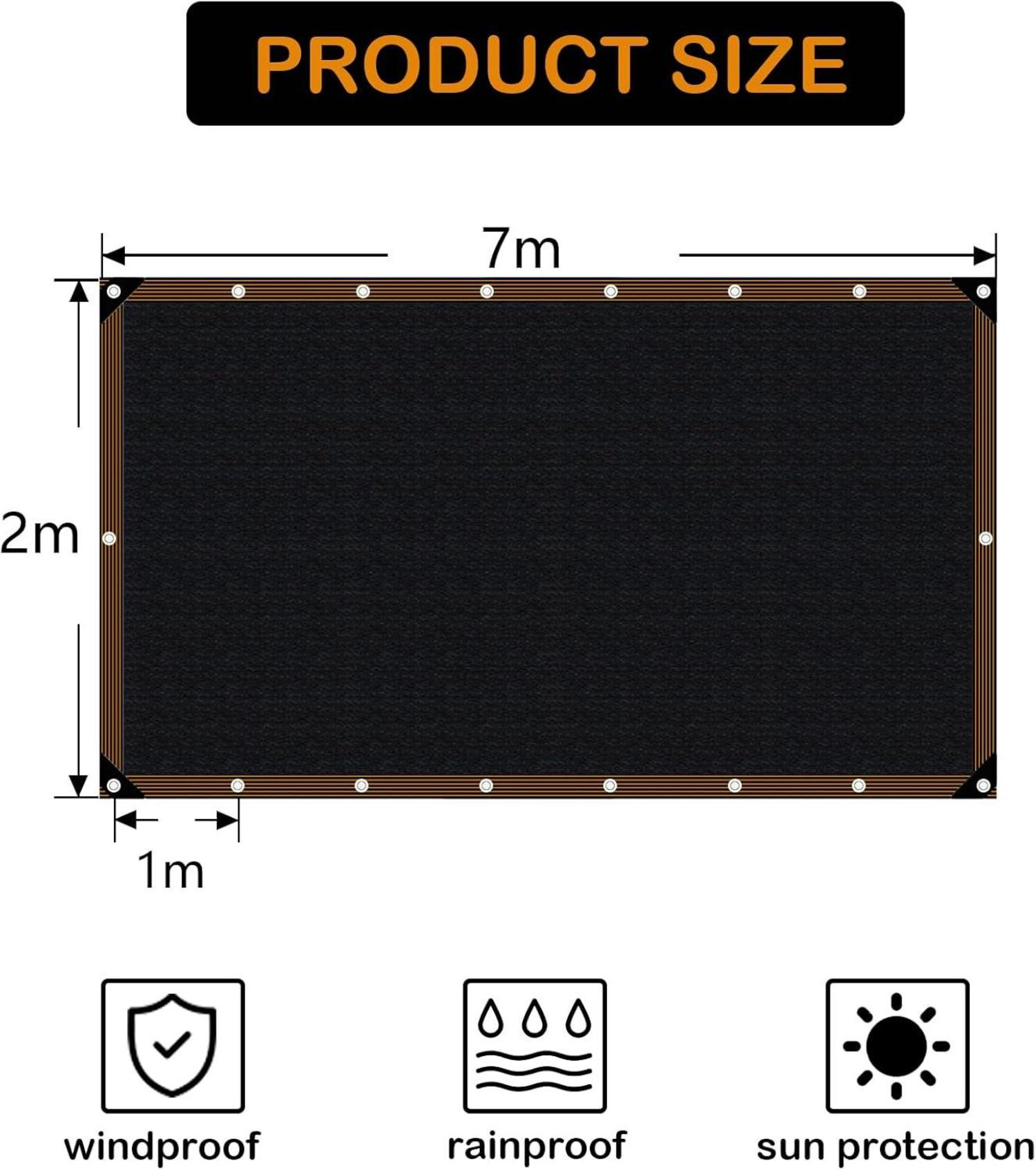 Sonnensegel Rechteckig Balkon Schattennetz UV-Schutz 2x7m Schwarz