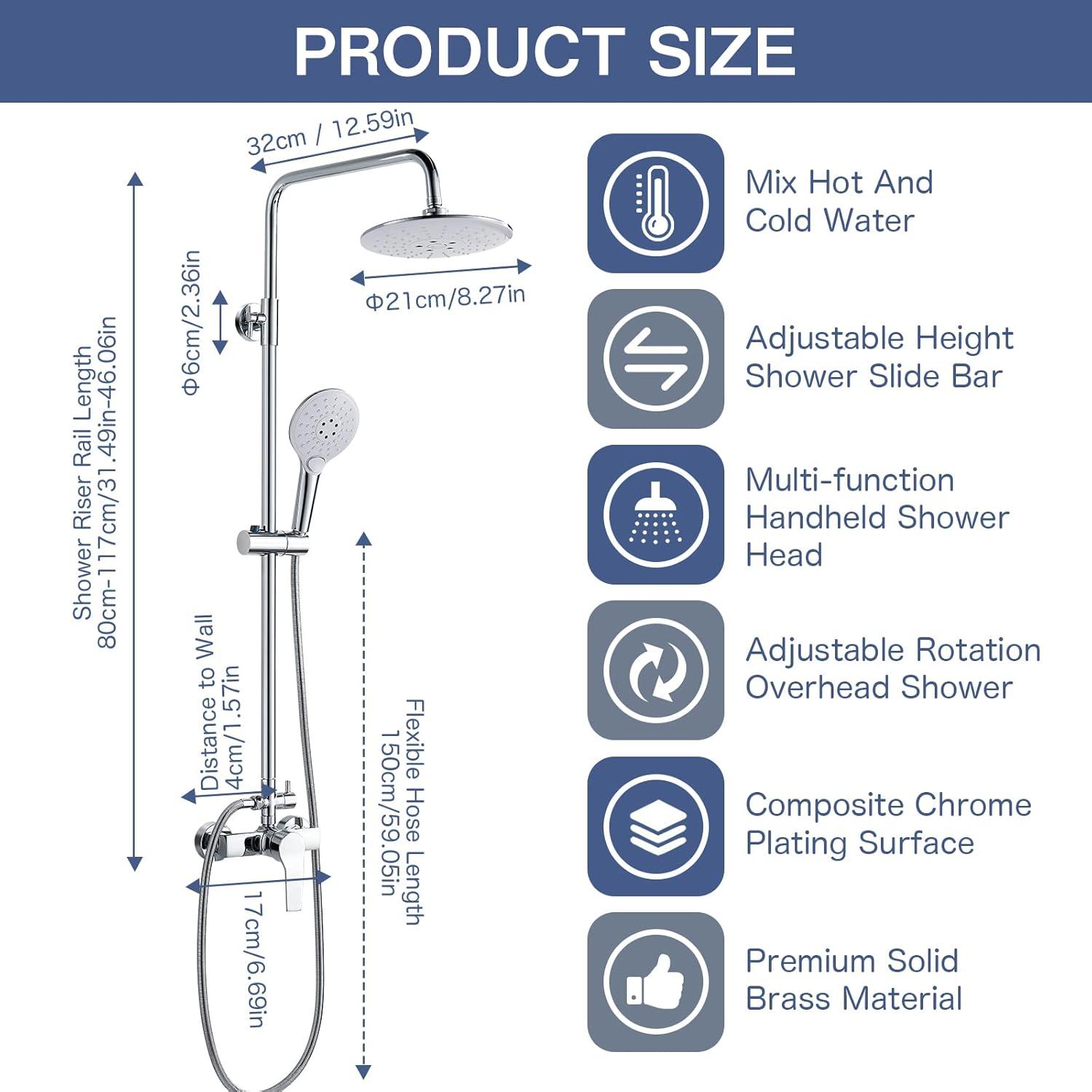Kisimixer Regendusche Duschsystem Einhebelmischer 2 Strahlarten 8 Zoll