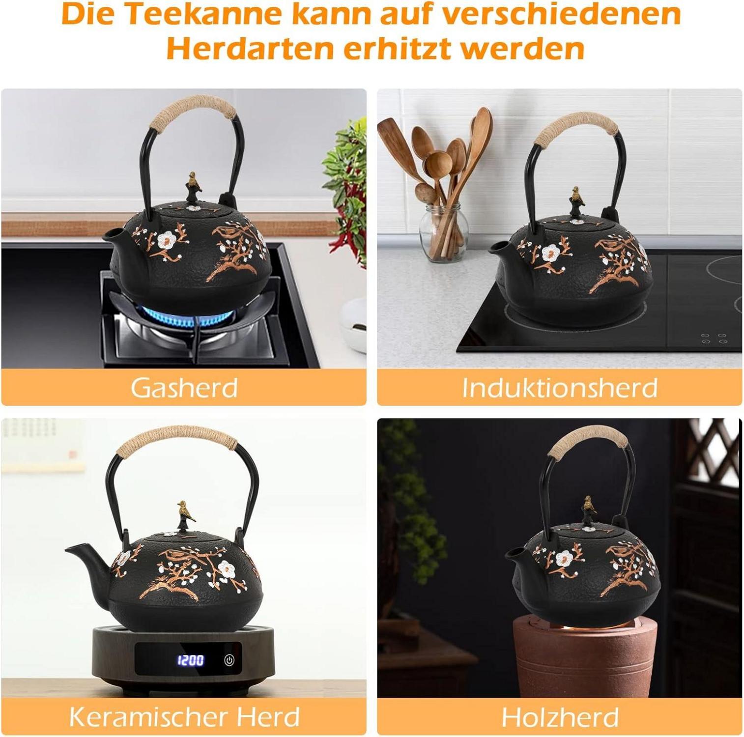 Teekanne Gusseisen Set 1,2 Liter 4 Teebecher Schwarz