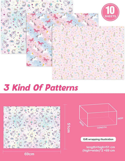 Einhorn Geschenkpapier Set 10 Blatt 51x69cm Geburtstagsparty Baby