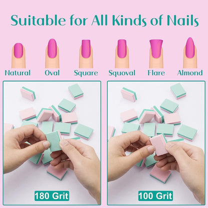 Nagelpuffer 50 Stück 100/180 für Gelnägel & Acrylnägel, Waschbar & Wiederverwendbar, Rosa & Grün