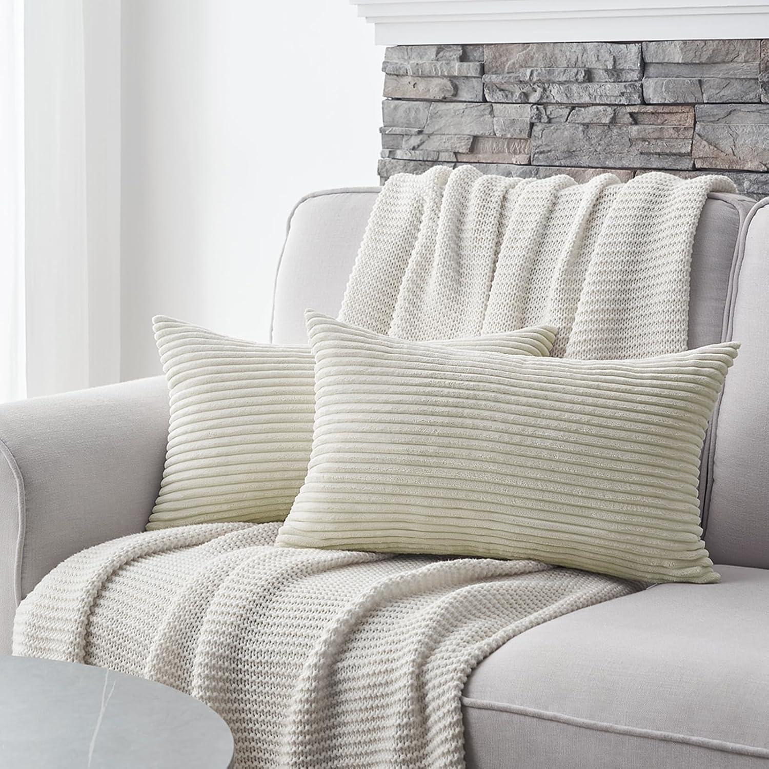 Topfinel Kissenbezug 30x50 Creme Kordsamt gestreift 2er Set Sofa Deko