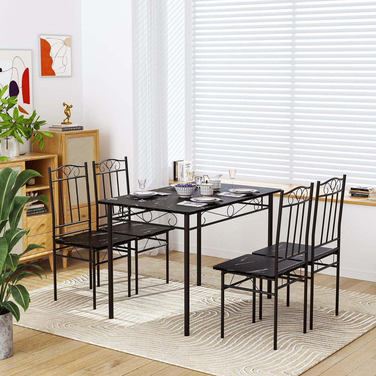 Esszimmer-Set Schwarz Marmor Optik | Esstisch + 4 Stühle