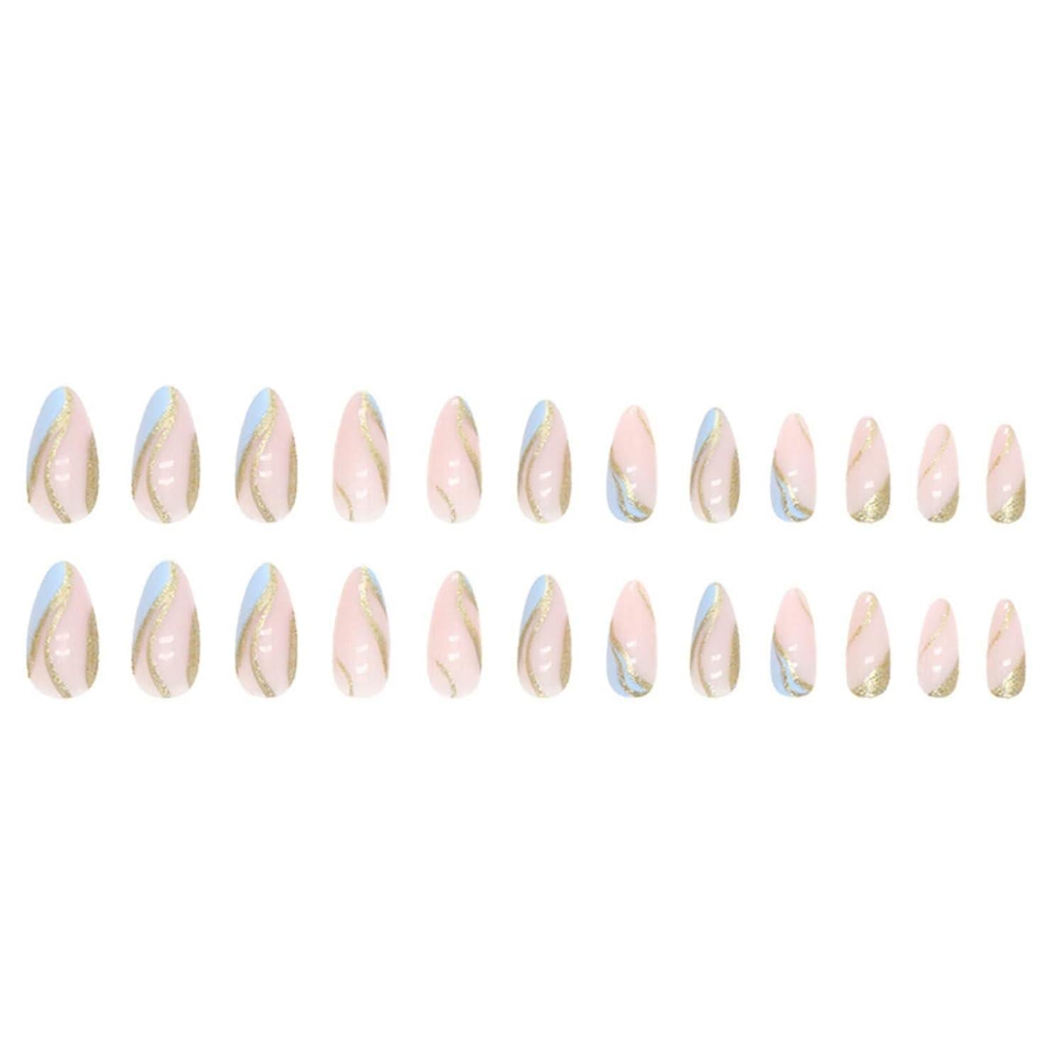 24er Set Gold Glitzer Wavy Mandel Nägel - Kurz Babyblau French Press on Nails