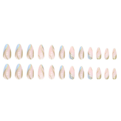 24er Set Gold Glitzer Wavy Mandel Nägel - Kurz Babyblau French Press on Nails