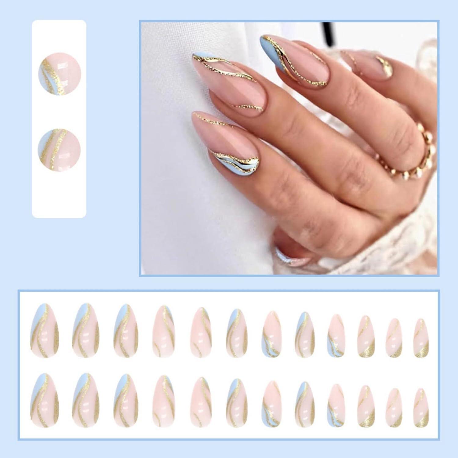 24x Gold Glitzer Wavy Mandel Nägel Kurz Babyblau Stiletto Kunstnägel