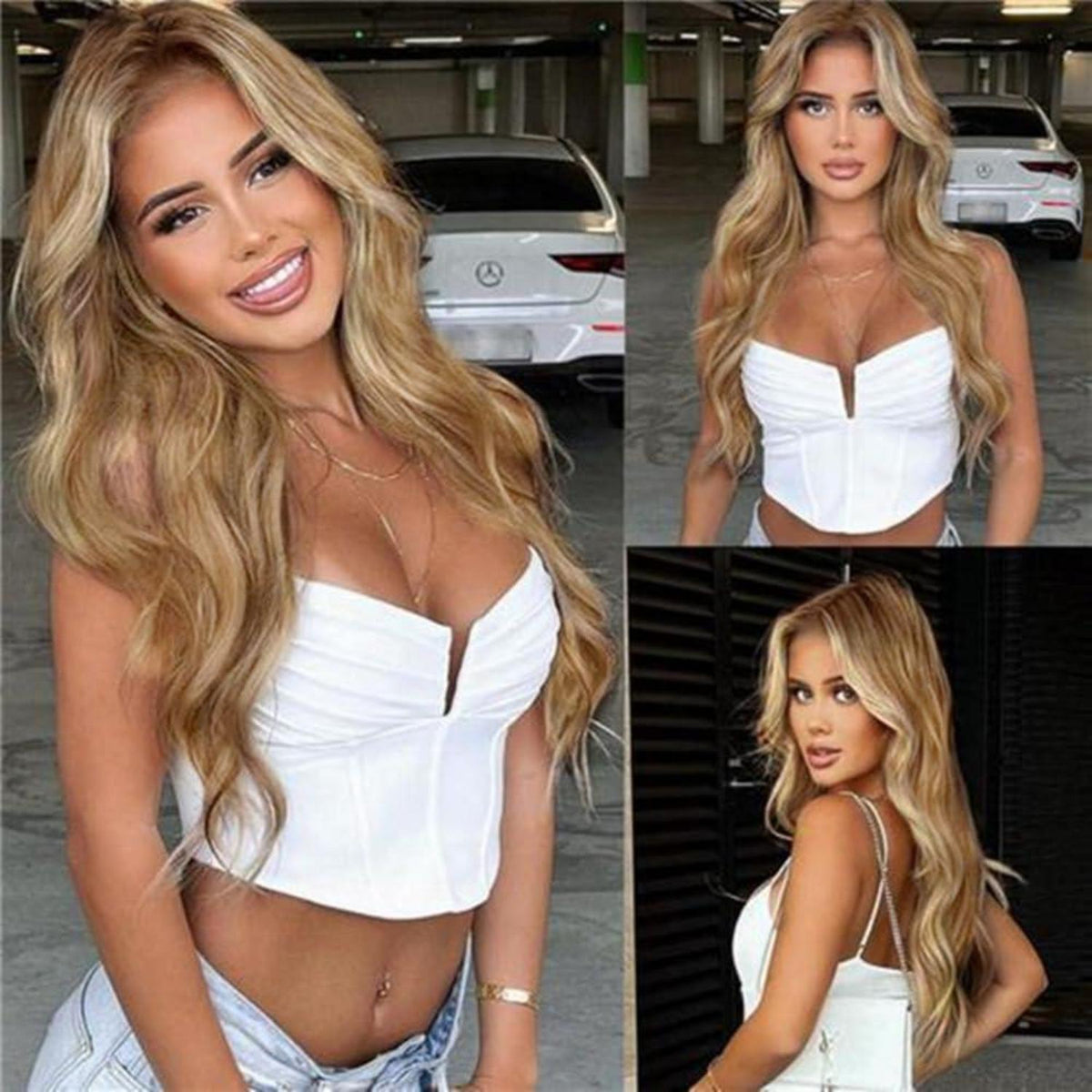 Blond Wellige Lace Front Perücke mit Highlights – 26 Zoll