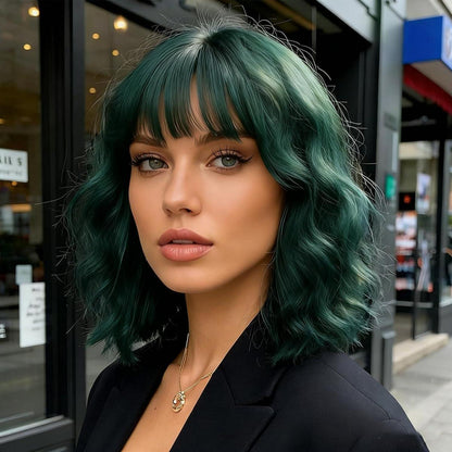 Dunkelgrüne Bob Perücke mit Pony – Damen Kurzhaar Perücke für Cosplay & Party