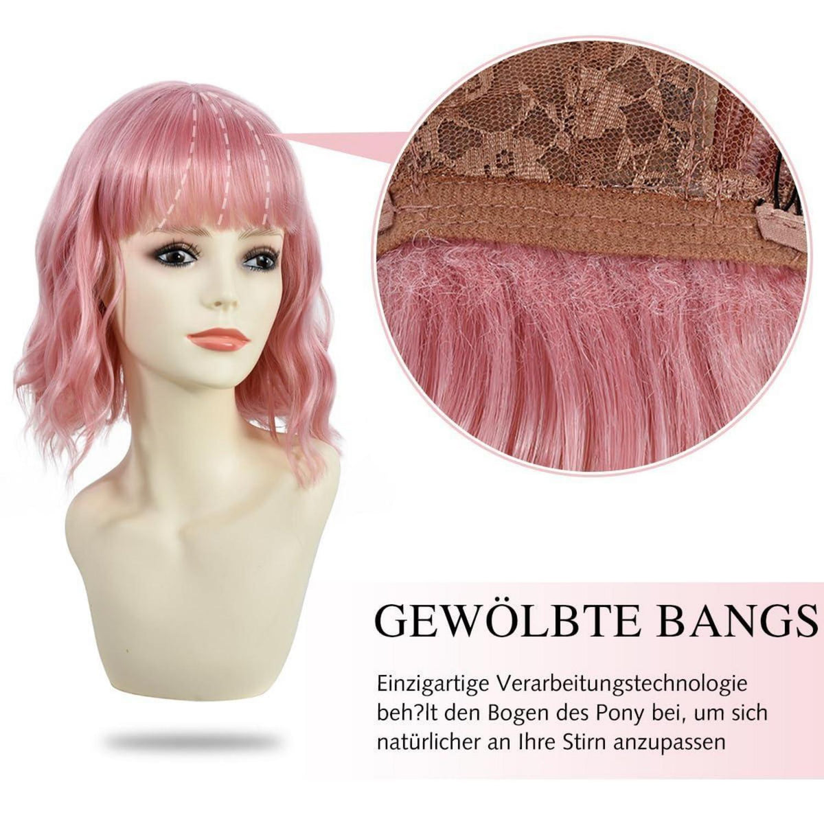 Rosa Bob Perücke mit Pony – Kurz, Wellig, Cosplay & Party