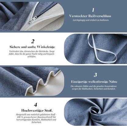 Bettwäsche Set 4tlg 135x200 Baumwolle Denim Blue Reißverschluss Stone