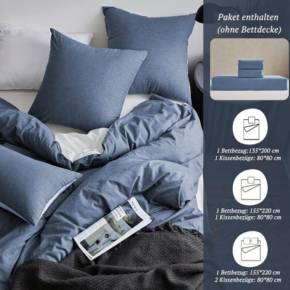 Bettwäsche Set 200x200 Baumwolle Denim Blue 3tlg. Stone Washed