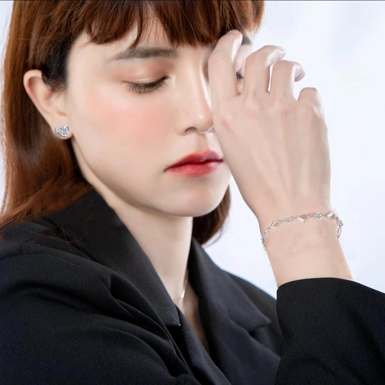 Silber Herz Kristall Armband & Ohrringe Set, verstellbar, Liebe geformt Schmuck