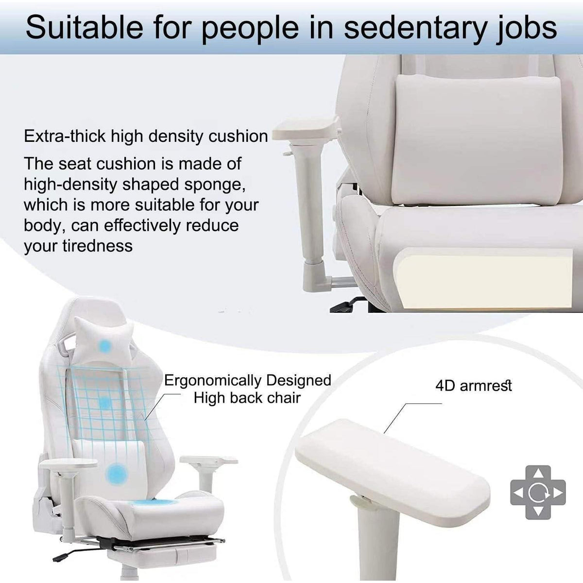 Ergonomischer Gaming Stuhl mit Fußstütze und Lendenkissen, Weiß