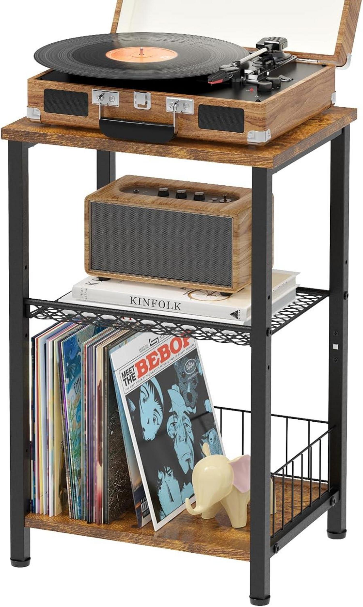 Beistelltisch Schwarz Metall 3 Ebenen Holz Nachtisch Outdoor