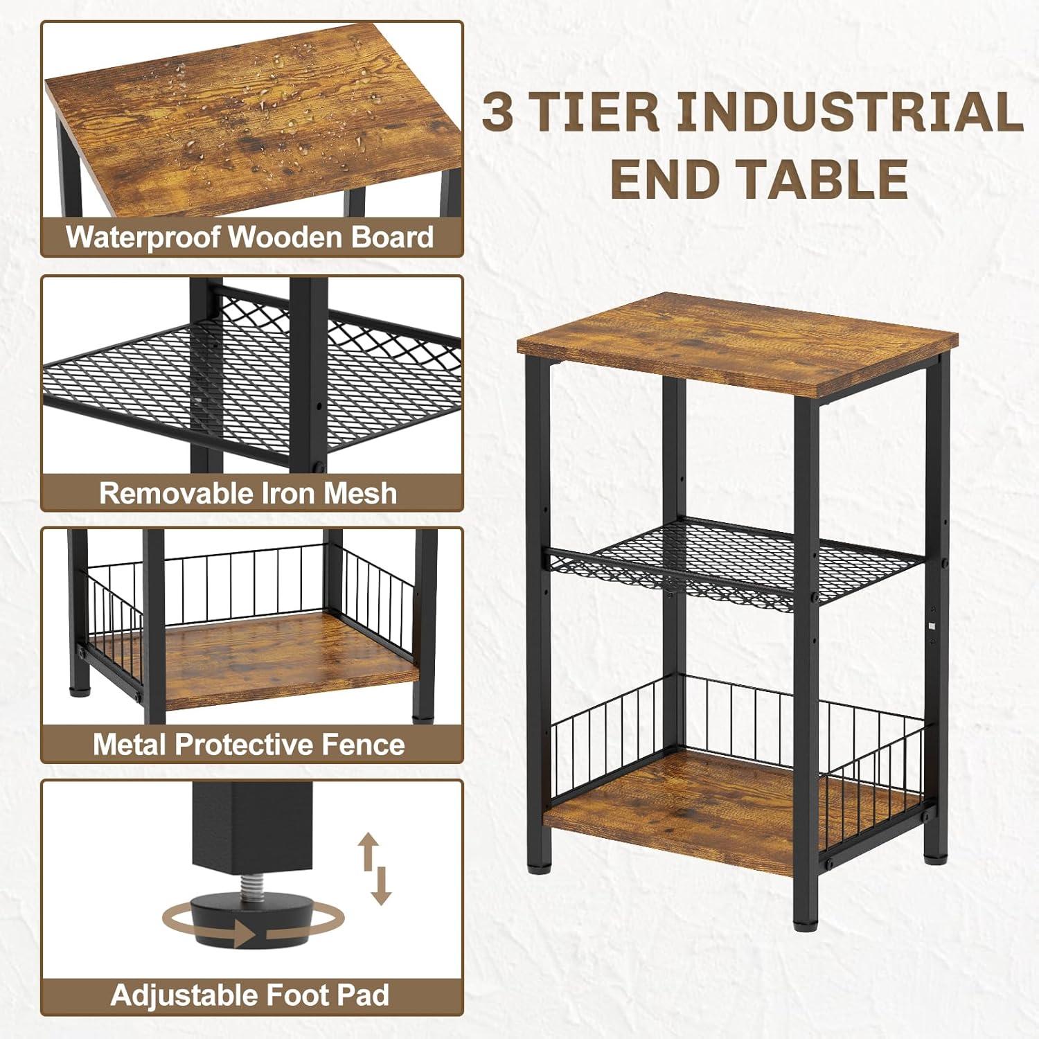 Beistelltisch Schwarz Metall 3 Ebenen Holz Nachtisch Outdoor