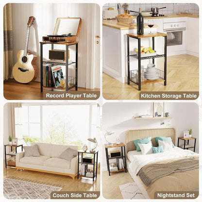 Schwarzer Vintage-Balkontisch mit Metallrahmen und Holzplatten