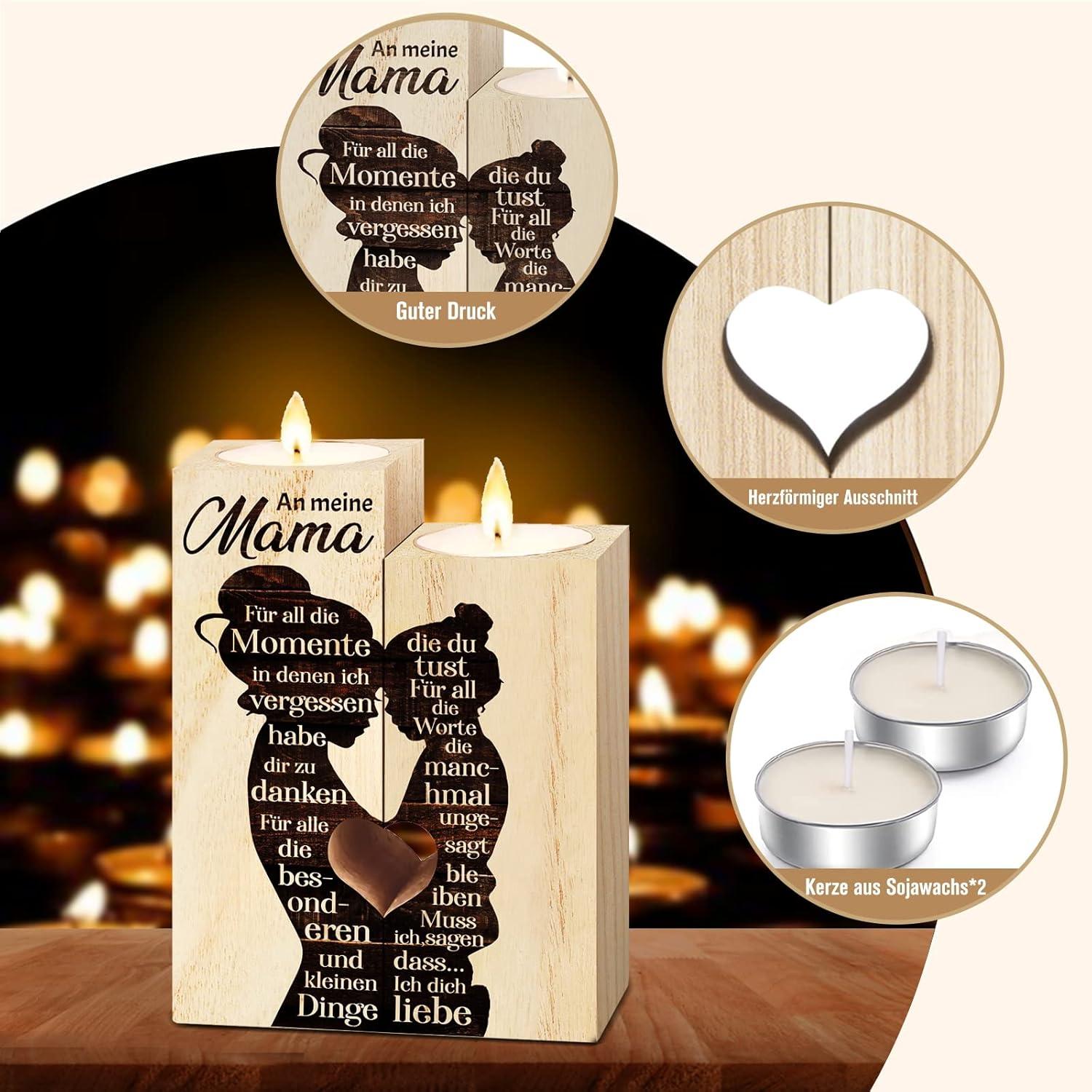 Holz Kerzenständer Mama Tochter Geschenk 12x9x4,5cm - Lasergravur, Geburtstagsgeschenk, Weihnachtsgeschenk, Muttertag