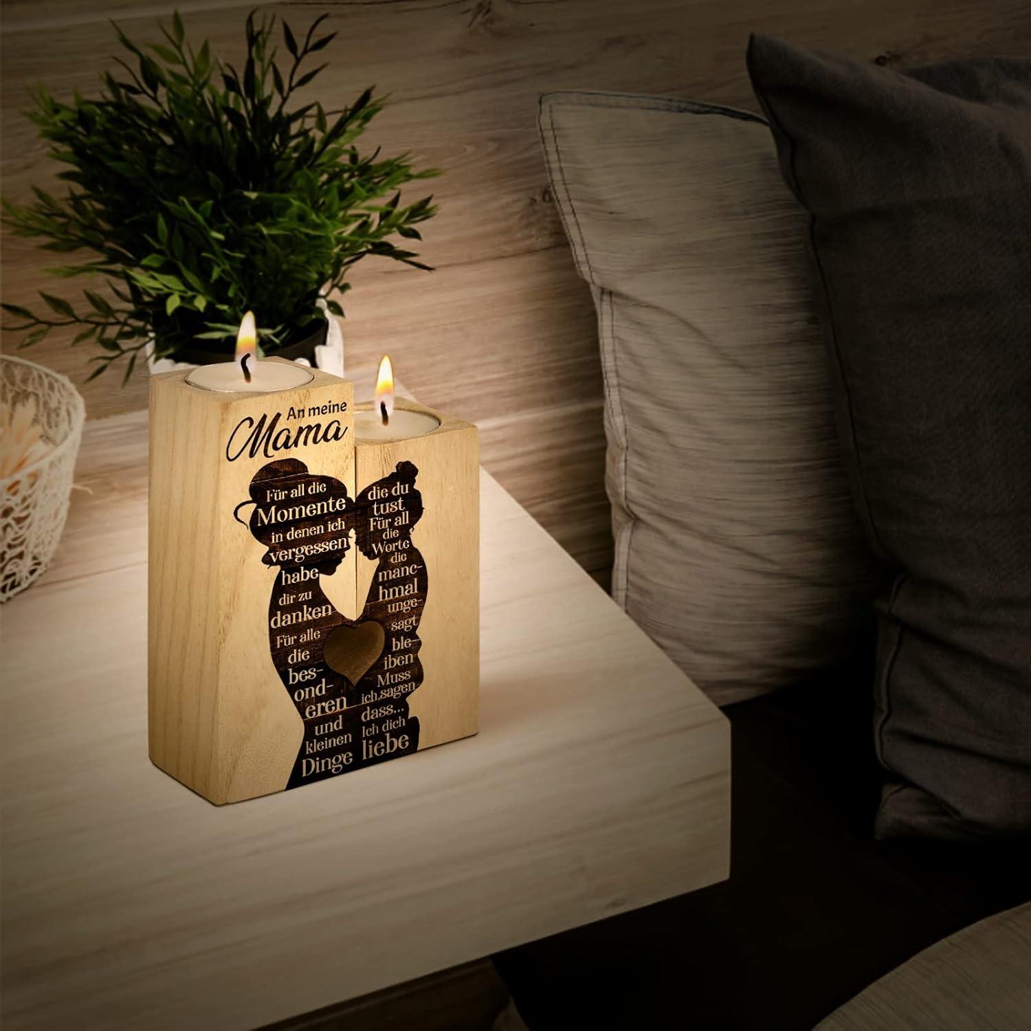 Kerzenständer Mama Geschenk Mutter Tochter Holz-Handwerkskunst 12x9x4,5cm