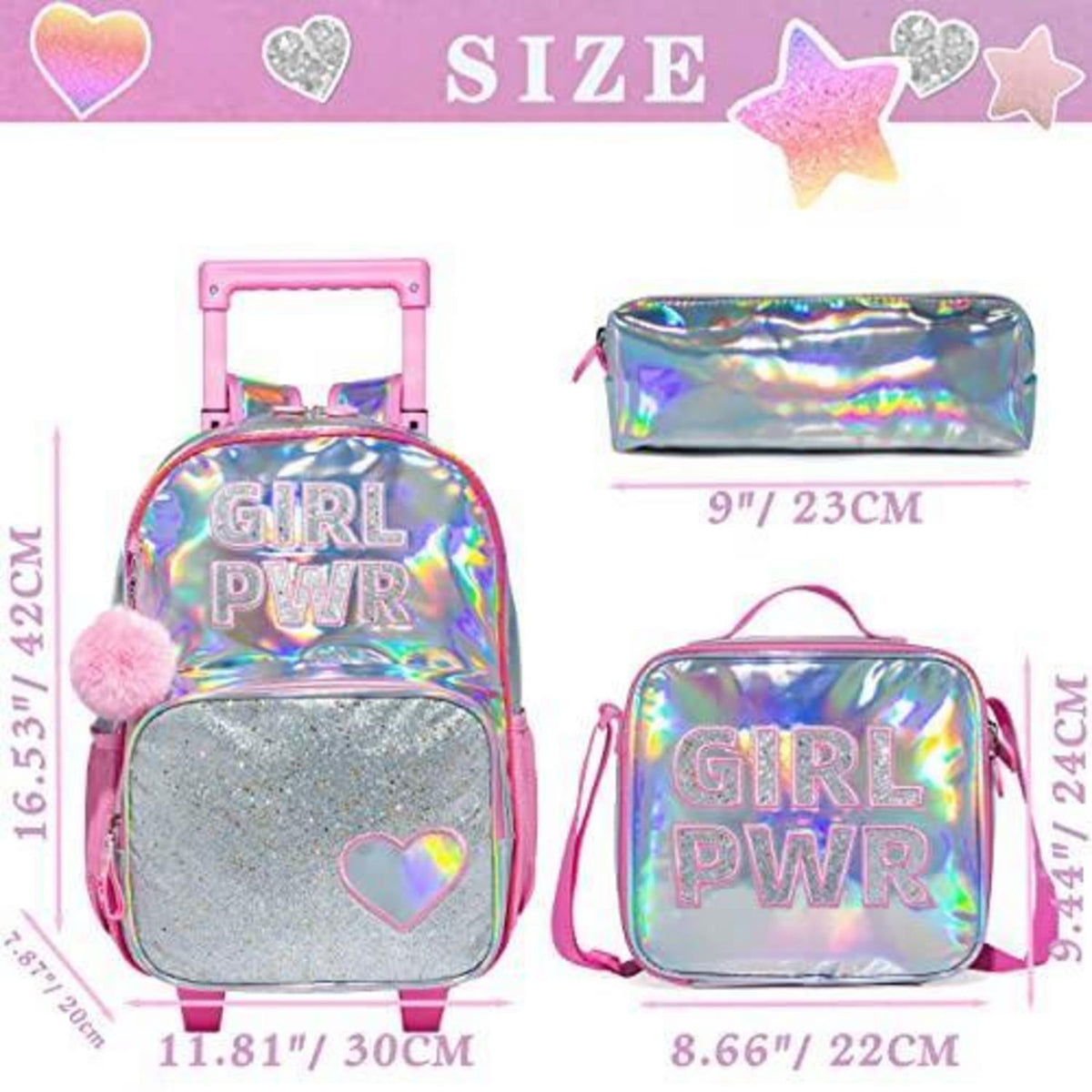 Rosa Kinder Trolley Rucksack mit Rollen & Zubehör