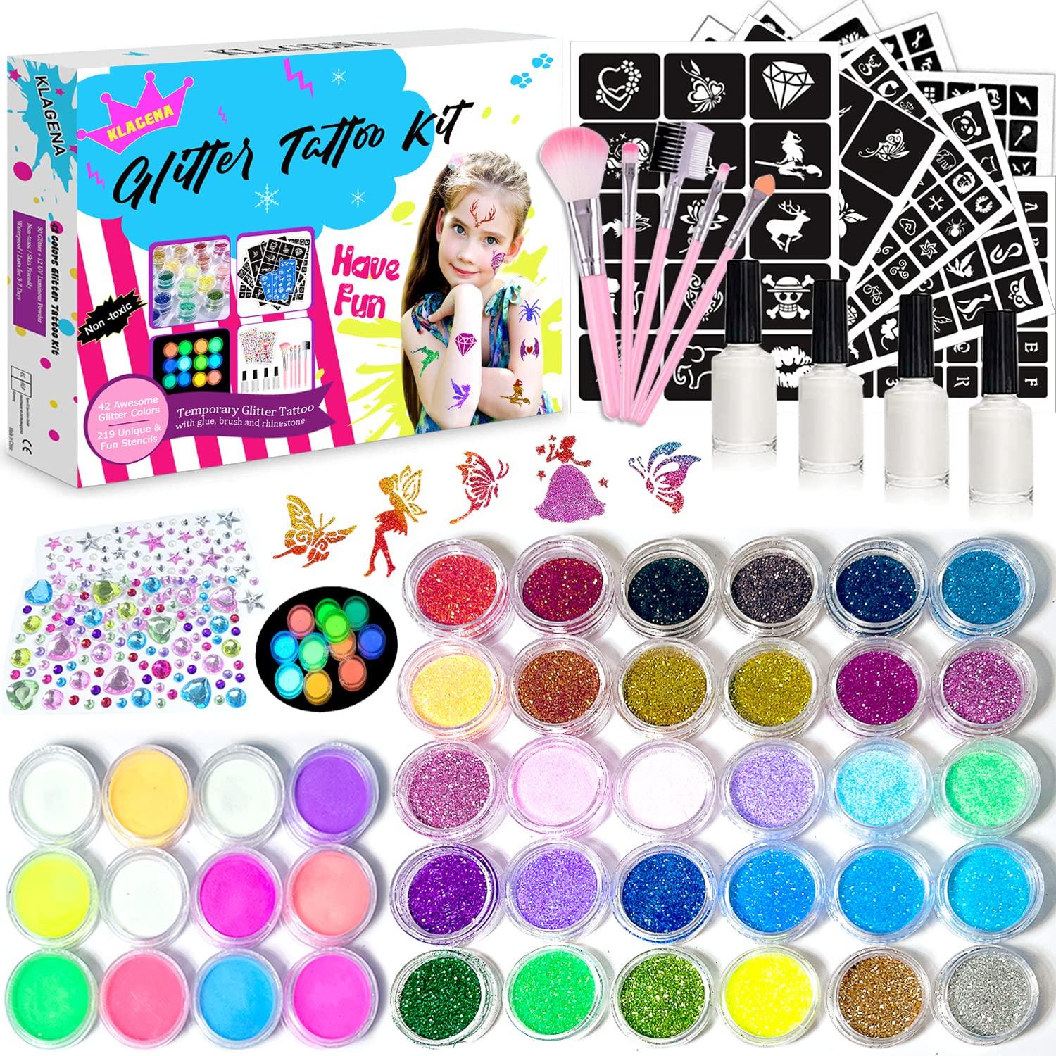 Glitzer Tattoo Set für Kinder 42 Farben Schablonen Strass Pinsel