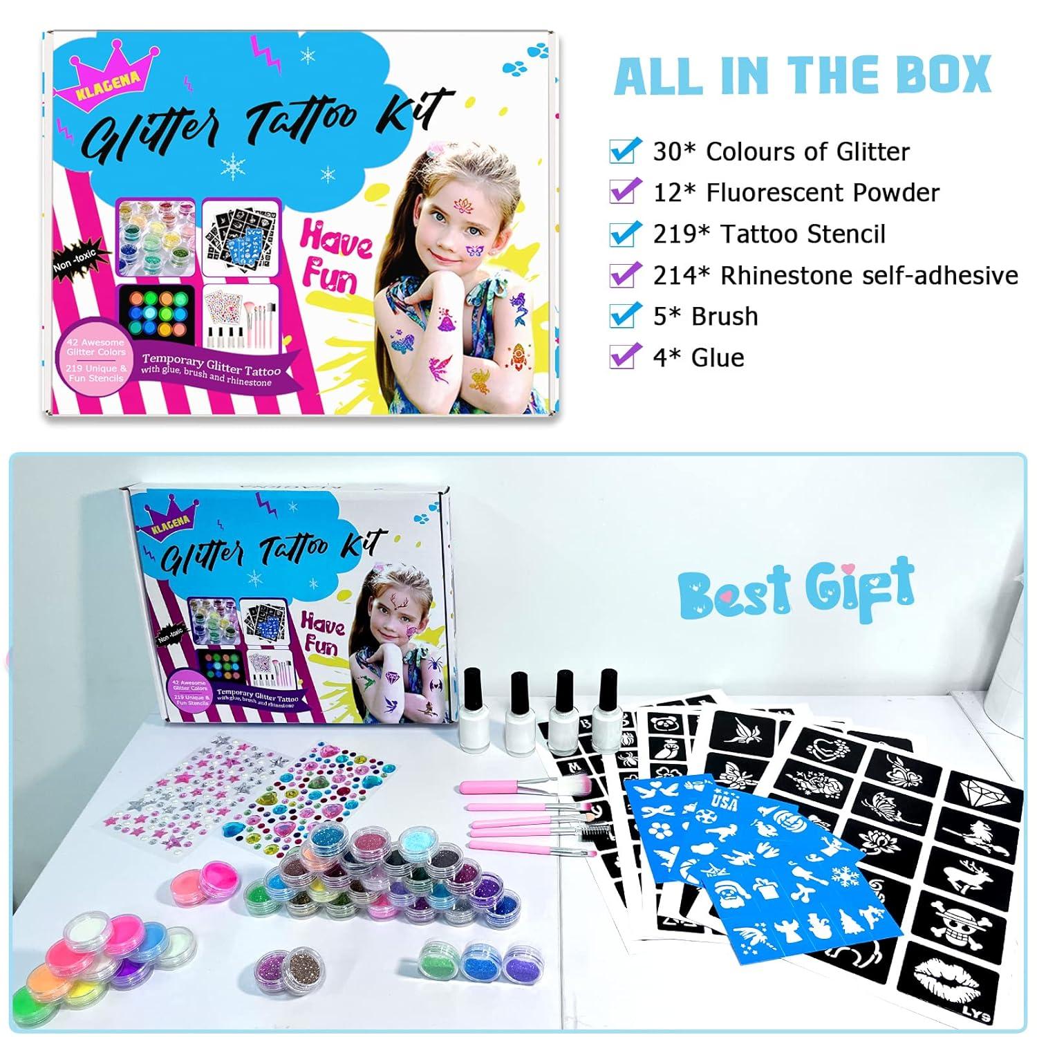 Glitzer Tattoo Set Kinder | 42 Farben Glitzer 219 Schablonen