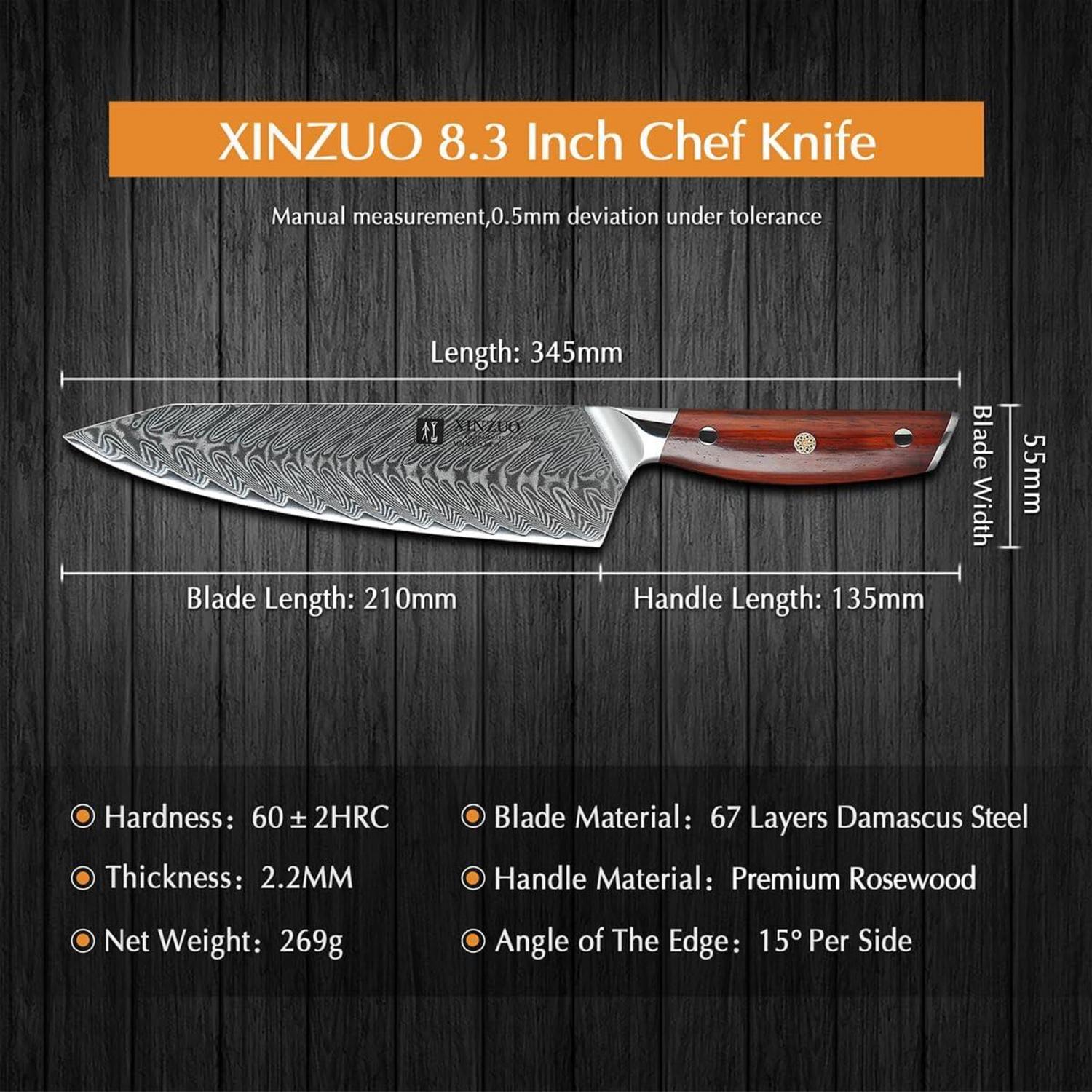 XINZUO Damaststahl Kochmesser 21cm Profi Chefmesser Rosenholz-Griff