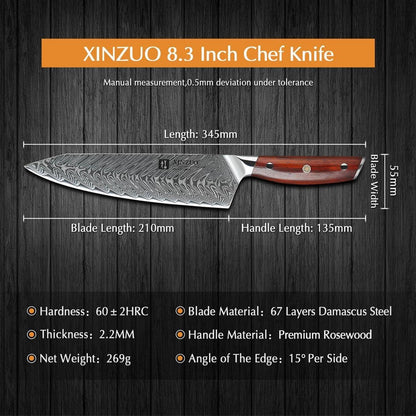 XINZUO Damaststahl Kochmesser 21cm Profi Chefmesser Rosenholz-Griff