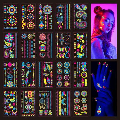 Neon Gesichtstattoo Klebetattoos Glitzer Party Schwarzlicht UV 20