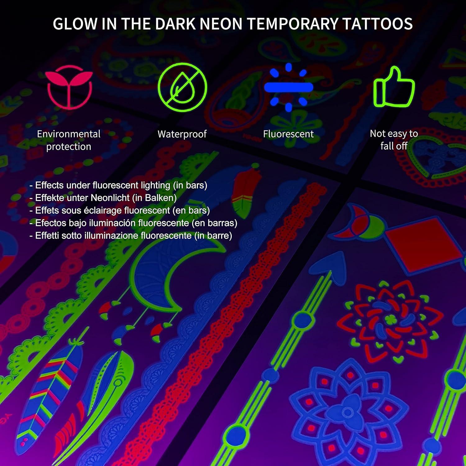 Neon Gesichtstattoo Klebetattoos Glitzer Party Schwarzlicht UV 20