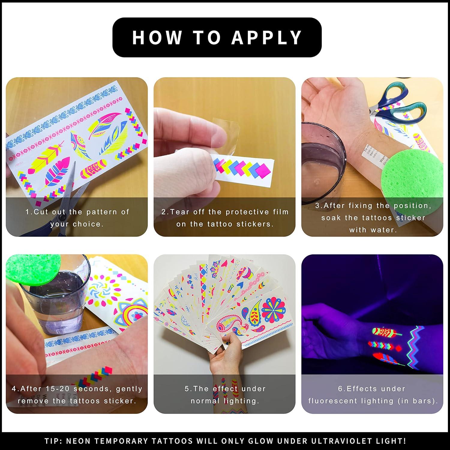 Neon Gesichtstattoo, 20 Blätter, 176 Muster, Erwachsene, Glitzer, Party, UV & Schwarzlicht