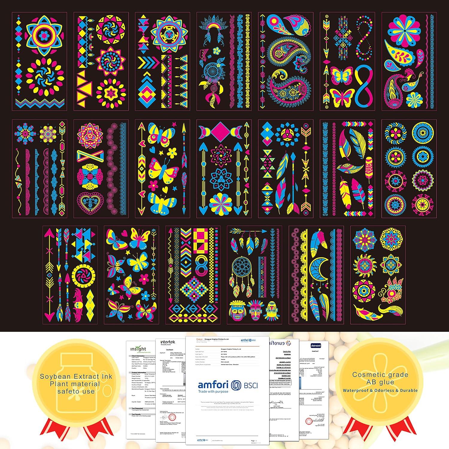 Neon Gesichtstattoos Set 176 Muster - Party Schwarzlicht Klebetattoos