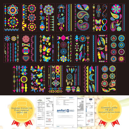 Neon Gesichtstattoos Set 176 Muster - Party Schwarzlicht Klebetattoos